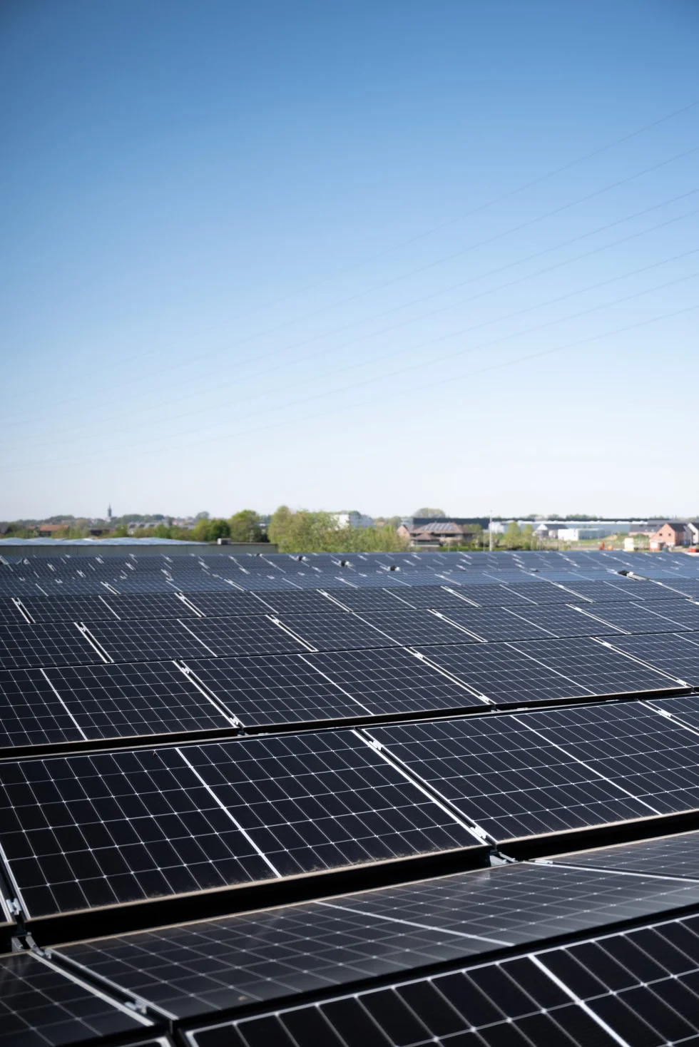 Rijen zonnepanelen op een groot bedrijfsdak