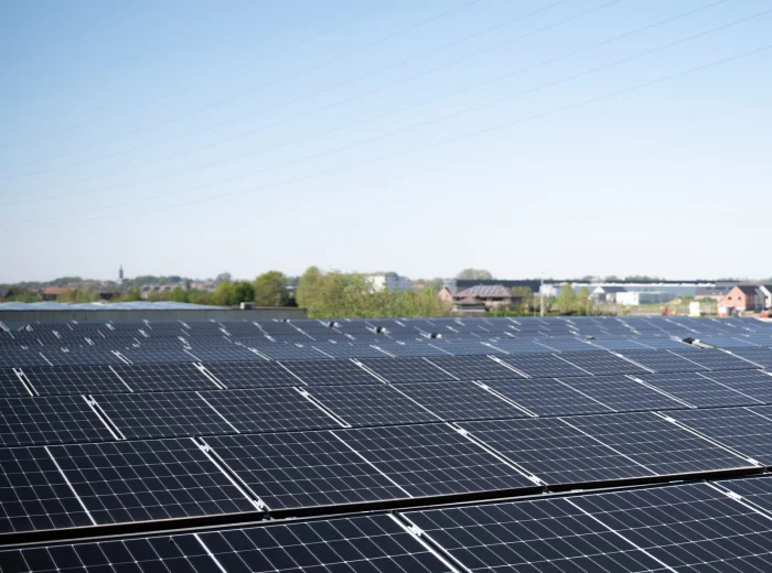 Rijen zonnepanelen op een groot bedrijfsdak