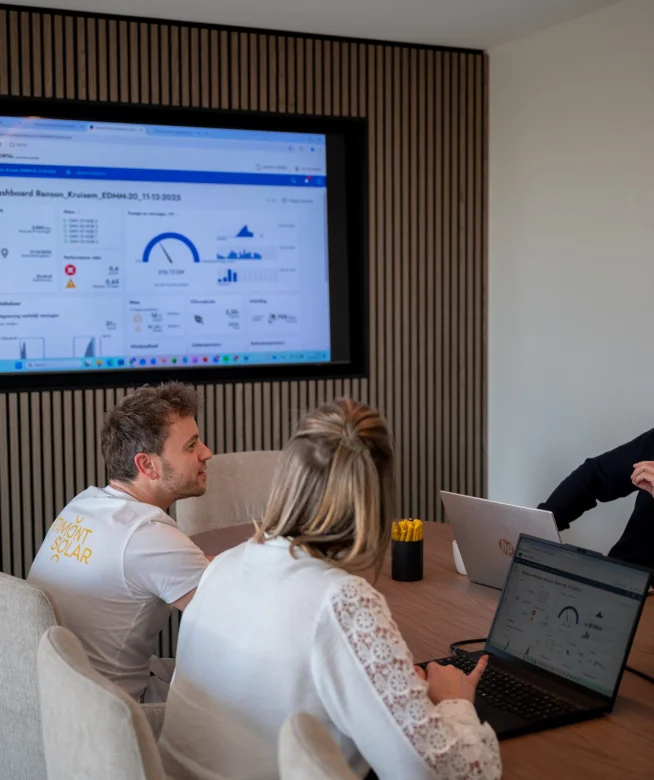 Energiedashboard met verbruiks- en vermogensgrafieken op het scherm in de vergaderzaal