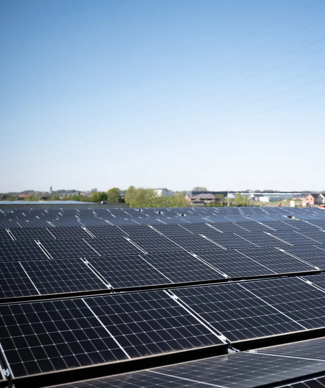 Rijen zonnepanelen op een groot bedrijfsdak